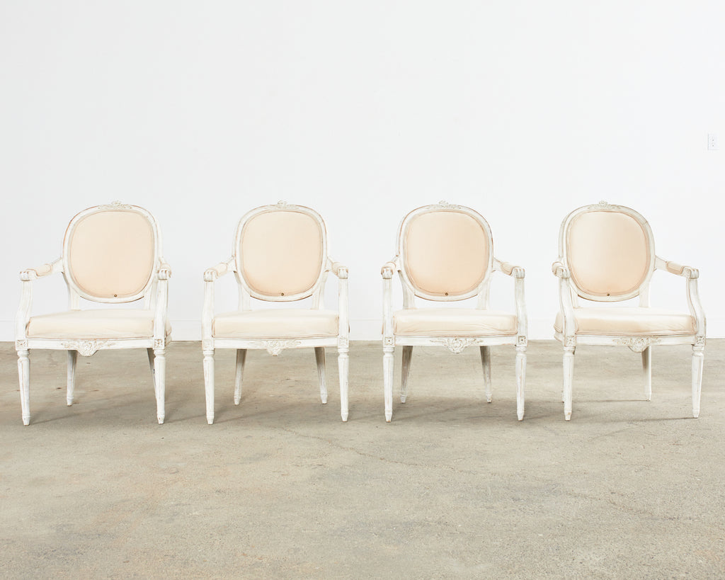 Set of Four Louis XVI Gustavian Style Painted Dining Armchairs