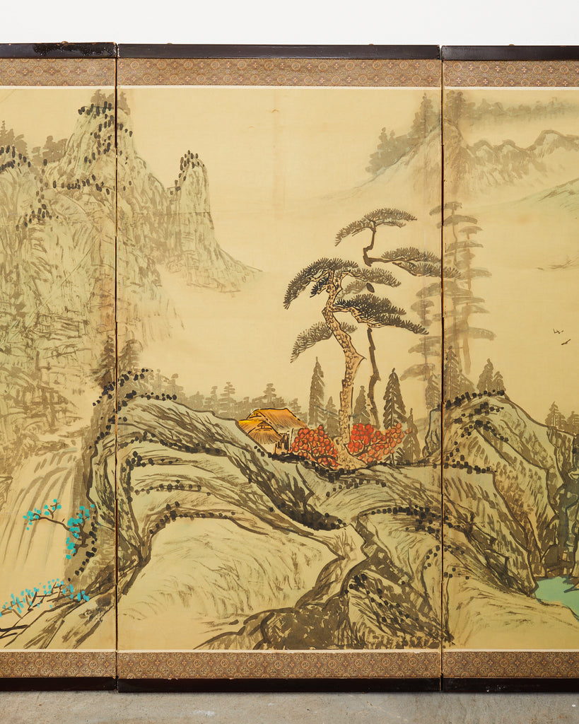 Japanese Style Four Panel Screen Turquoise River Landscape