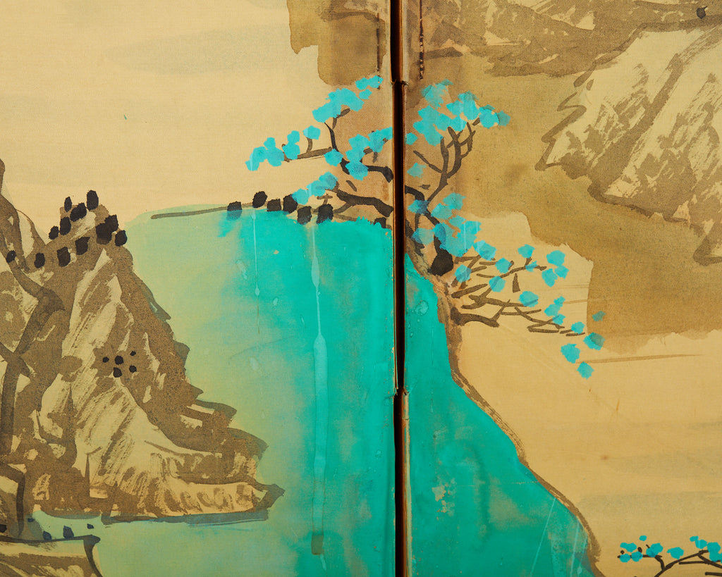 Japanese Style Four Panel Screen Turquoise River Landscape