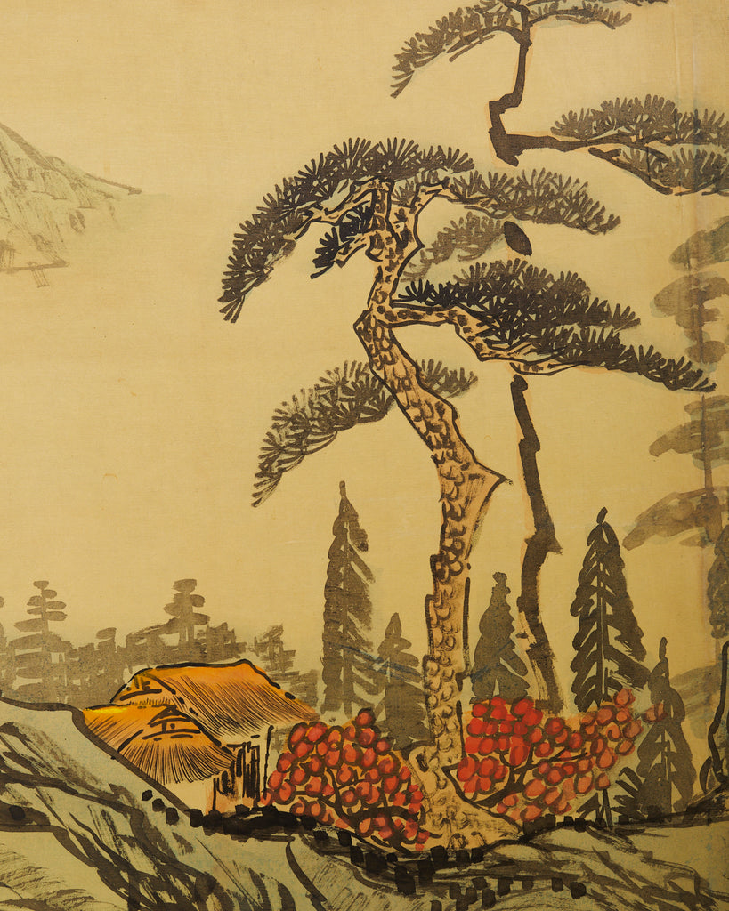 Japanese Style Four Panel Screen Turquoise River Landscape