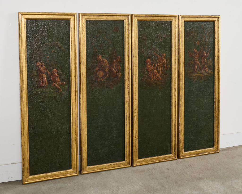 Set Four Chinoiserie Revival Style Framed Painted Panels