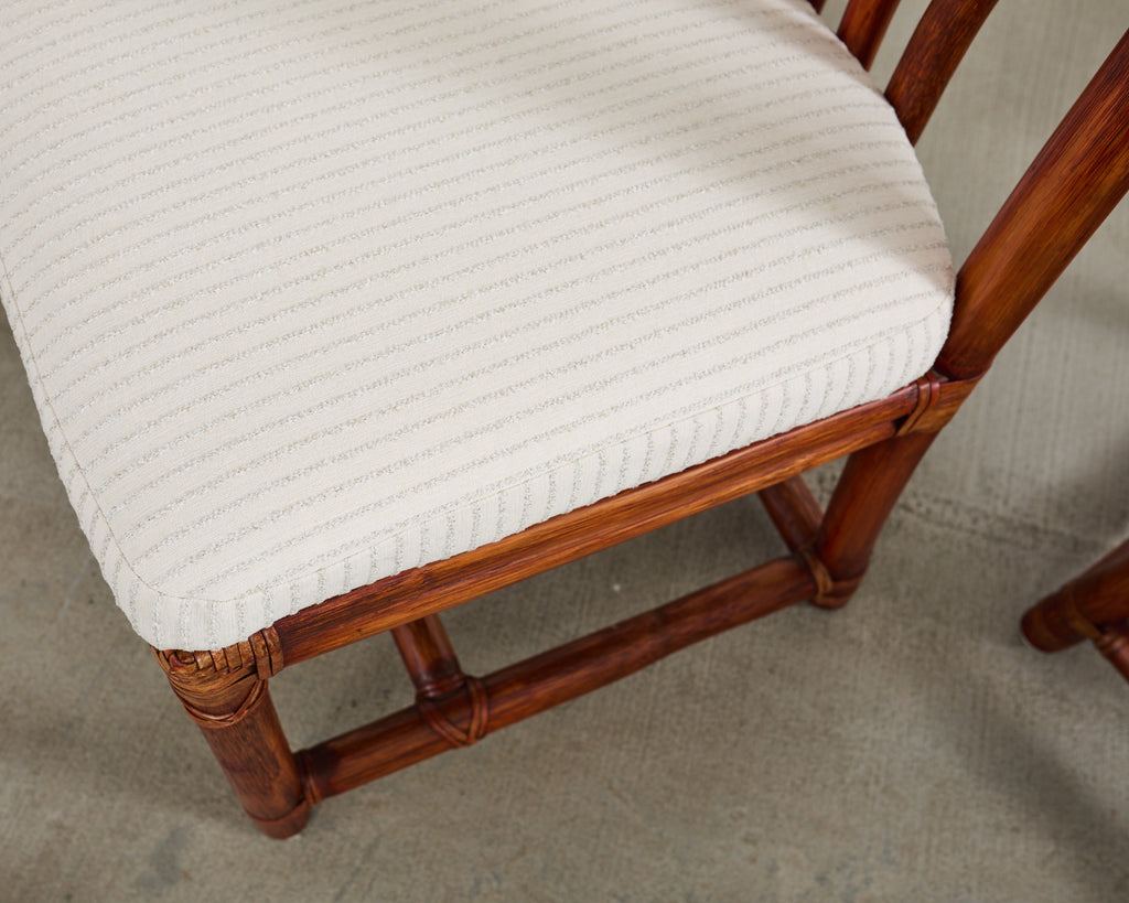 Set of Four McGuire Rattan Chinese Officials Hat Dining Chairs