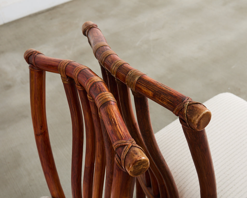 Set of Four McGuire Rattan Chinese Officials Hat Dining Chairs