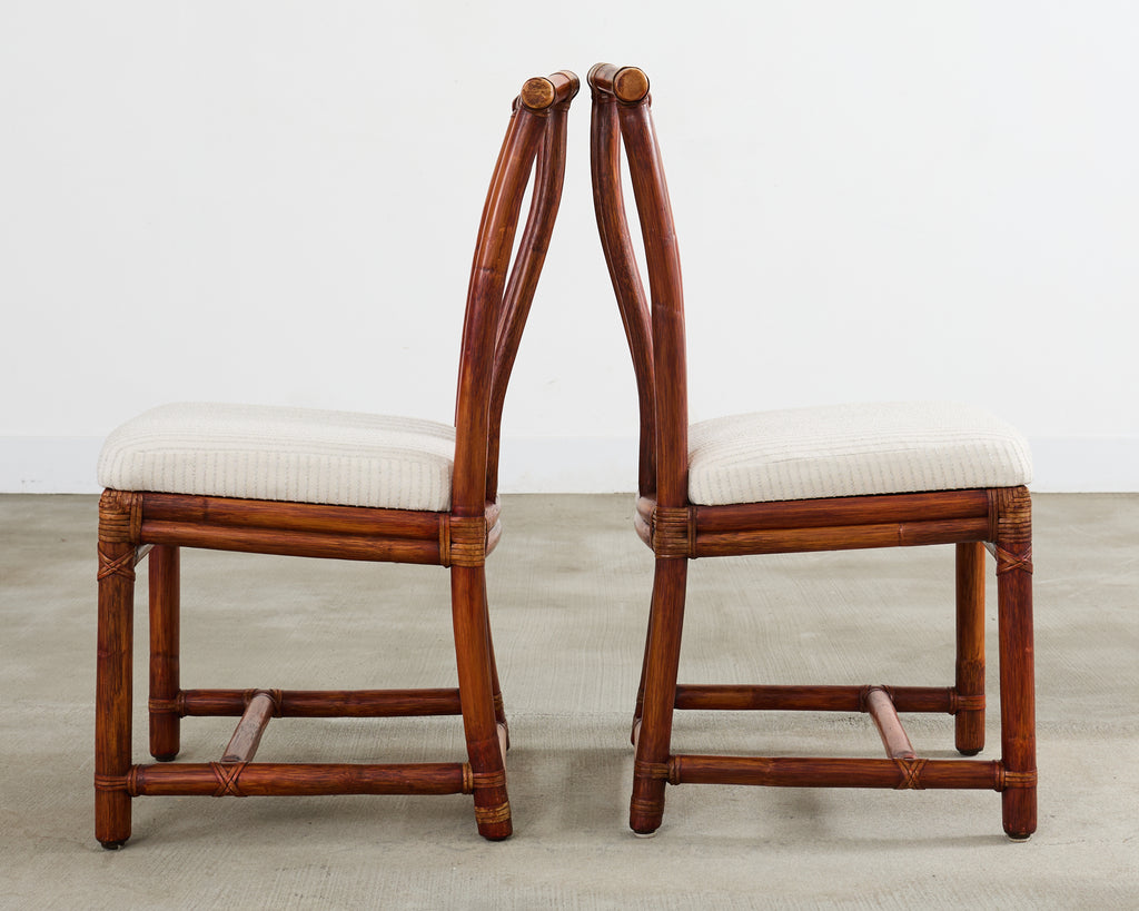 Set of Four McGuire Rattan Chinese Officials Hat Dining Chairs