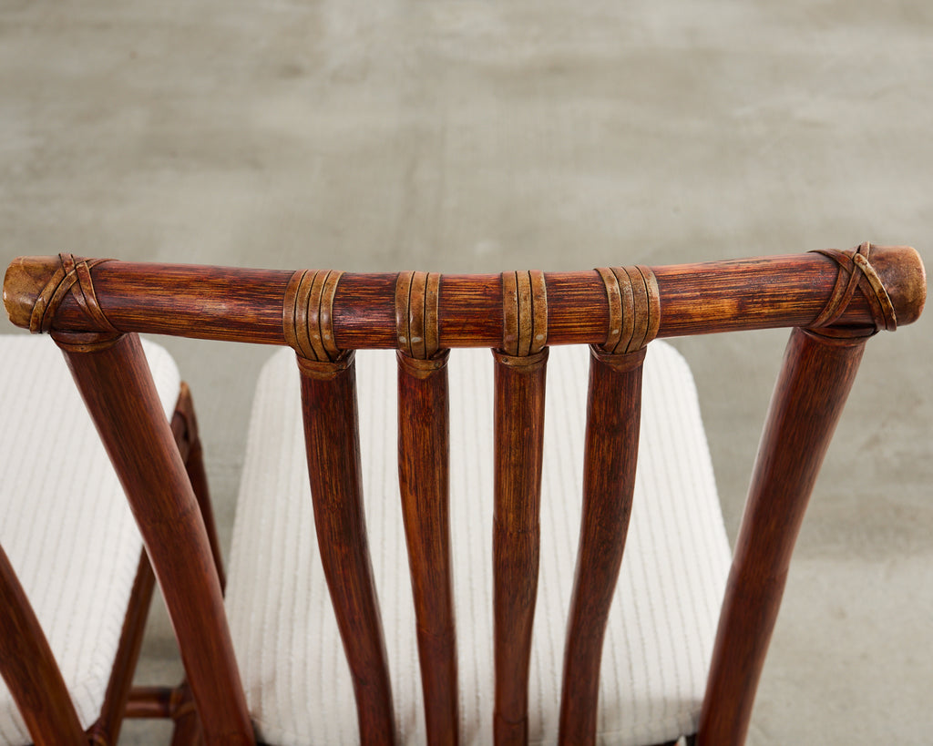 Set of Four McGuire Rattan Chinese Officials Hat Dining Chairs