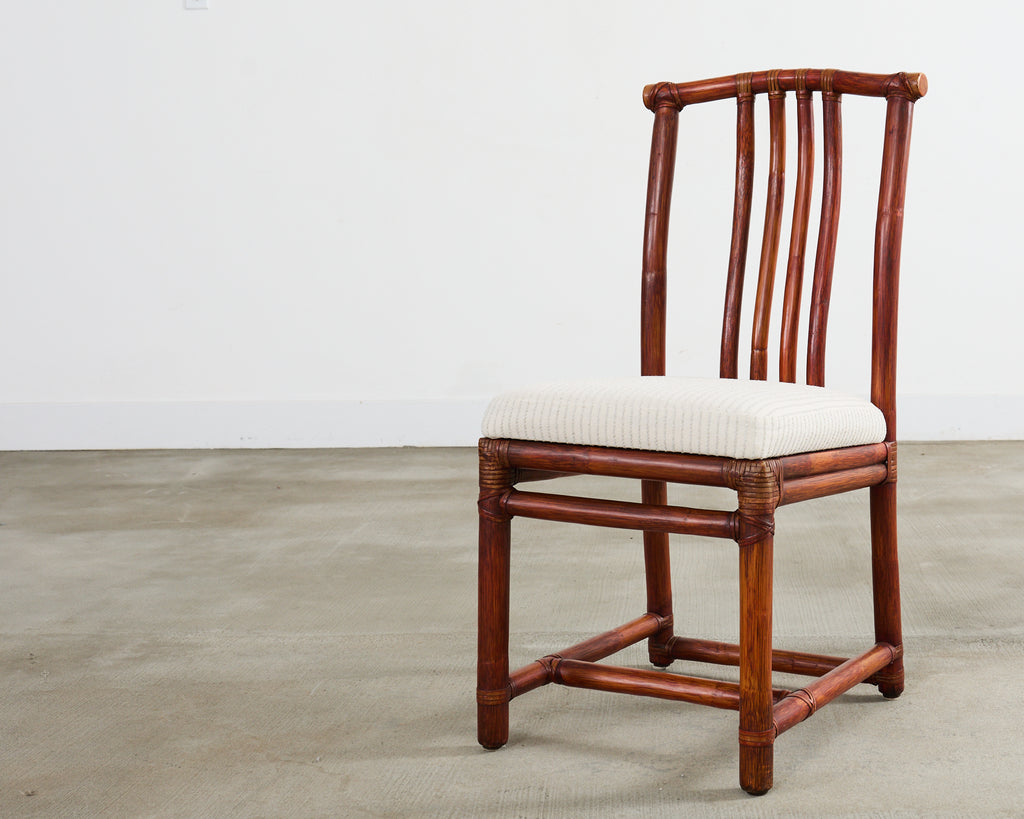 Set of Four McGuire Rattan Chinese Officials Hat Dining Chairs