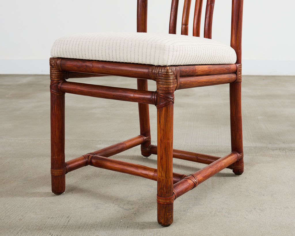 Set of Four McGuire Rattan Chinese Officials Hat Dining Chairs