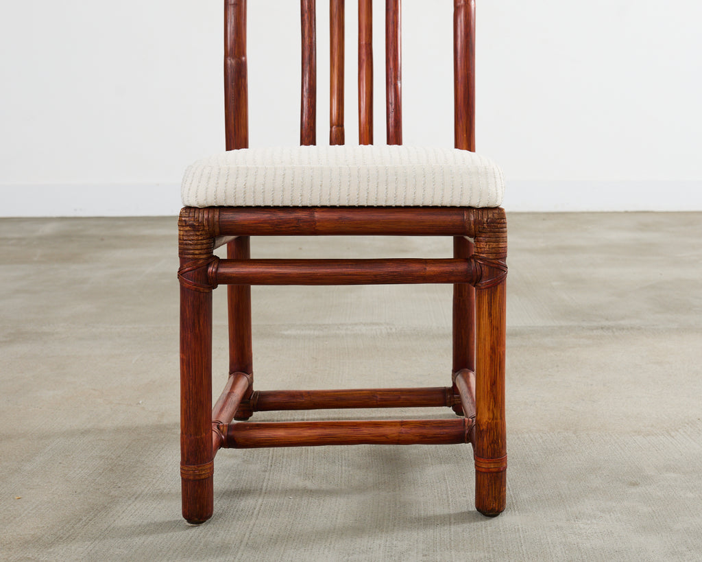 Set of Four McGuire Rattan Chinese Officials Hat Dining Chairs