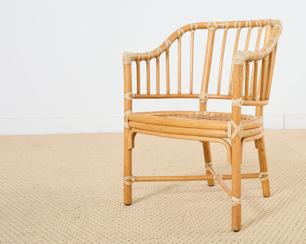 Set of Four McGuire Rattan Barrel Back Dining Chairs