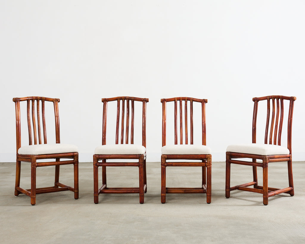 Set of Four McGuire Rattan Chinese Officials Hat Dining Chairs