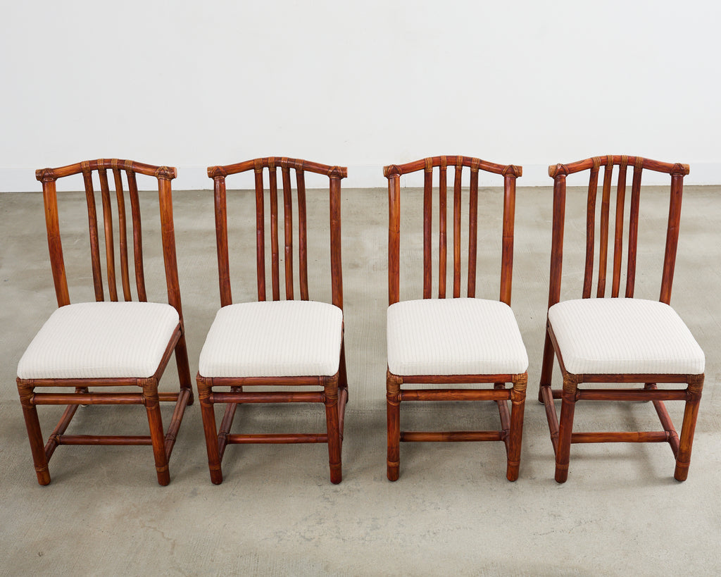 Set of Four McGuire Rattan Chinese Officials Hat Dining Chairs
