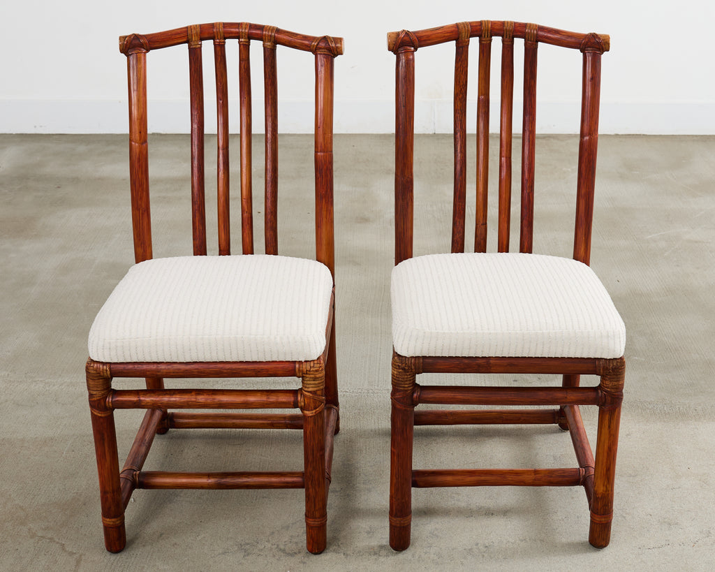 Set of Four McGuire Rattan Chinese Officials Hat Dining Chairs