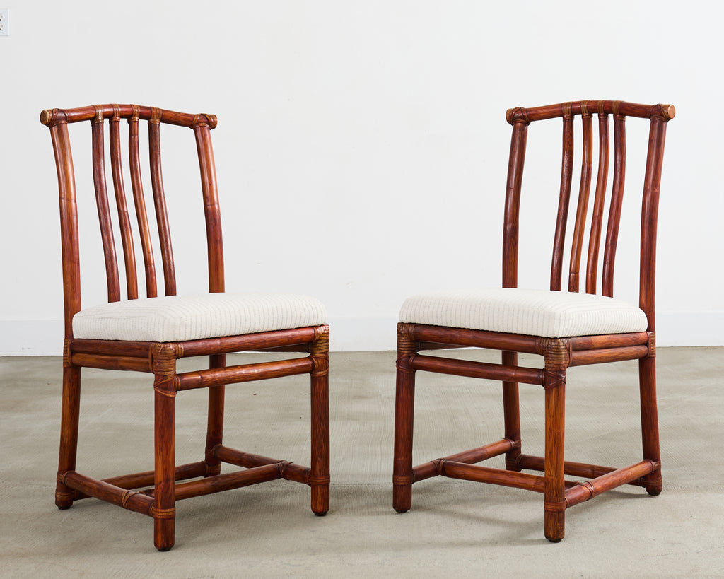 Set of Four McGuire Rattan Chinese Officials Hat Dining Chairs