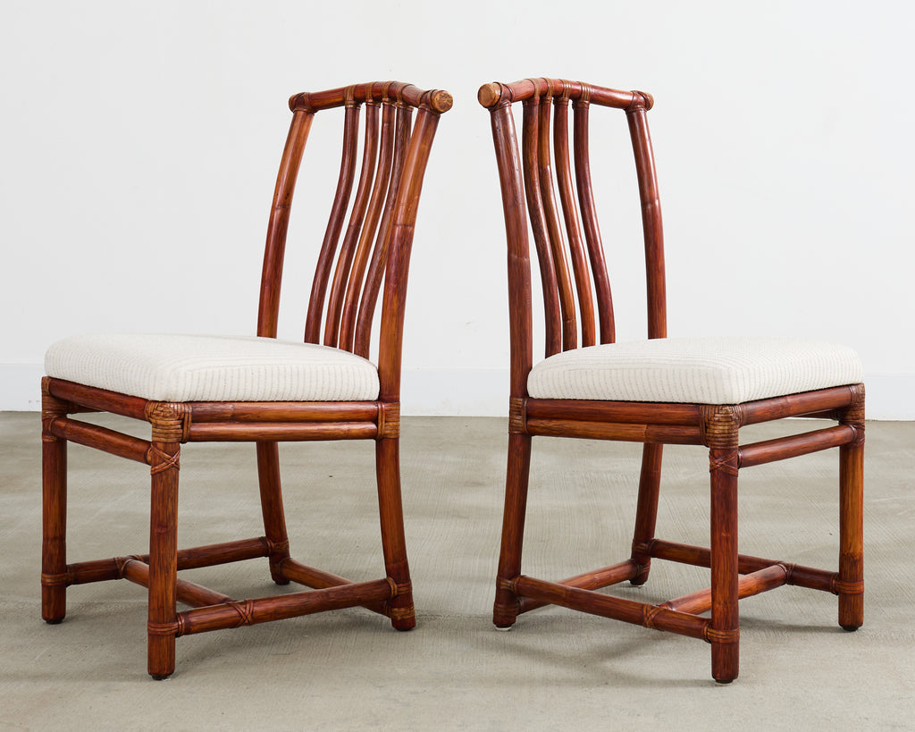 Set of Four McGuire Rattan Chinese Officials Hat Dining Chairs