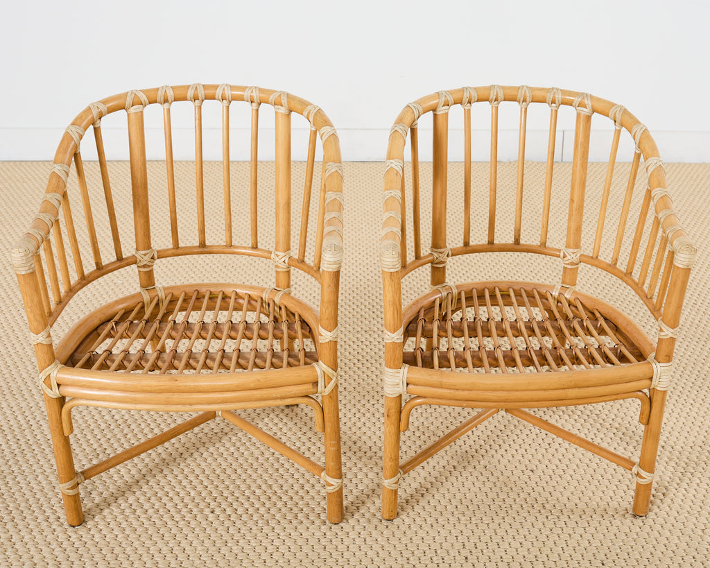Set of Four McGuire Rattan Barrel Back Dining Chairs
