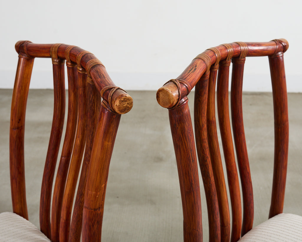 Set of Four McGuire Rattan Chinese Officials Hat Dining Chairs