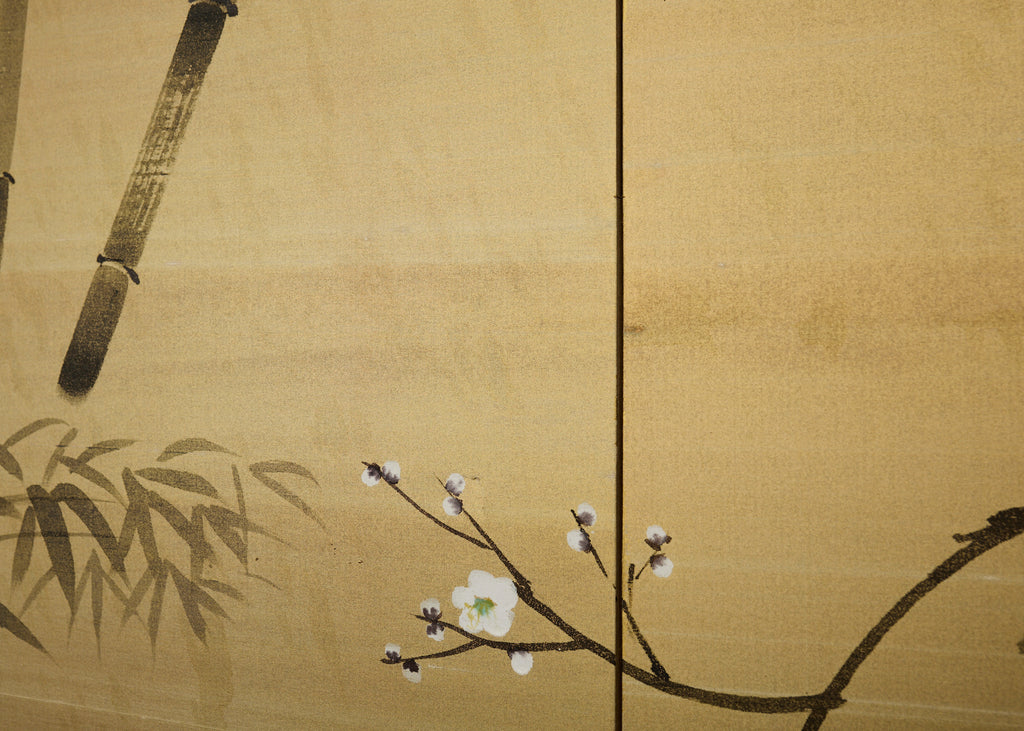 Japanese Showa Four Panel Screen Spring Bamboo Landscape
