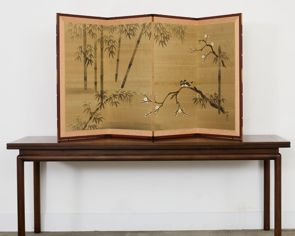 Japanese Showa Four Panel Screen Spring Bamboo Landscape