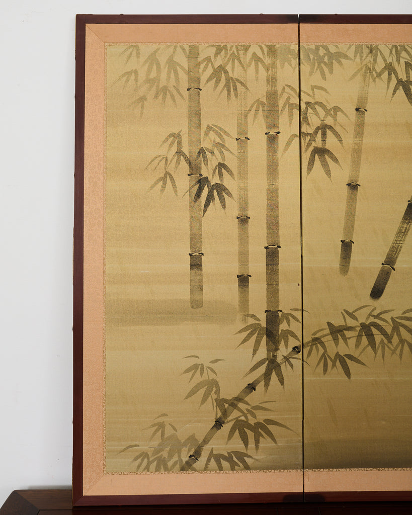 Japanese Showa Four Panel Screen Spring Bamboo Landscape