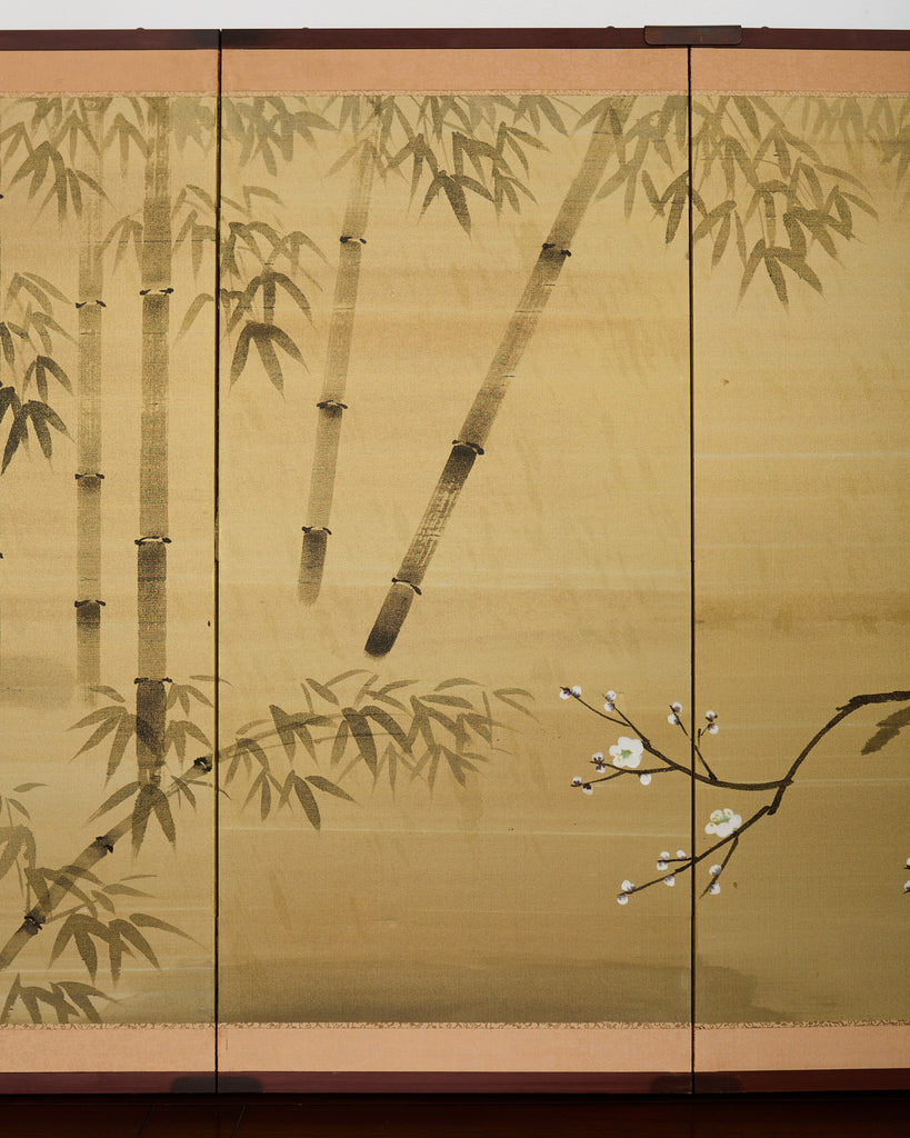 Japanese Showa Four Panel Screen Spring Bamboo Landscape