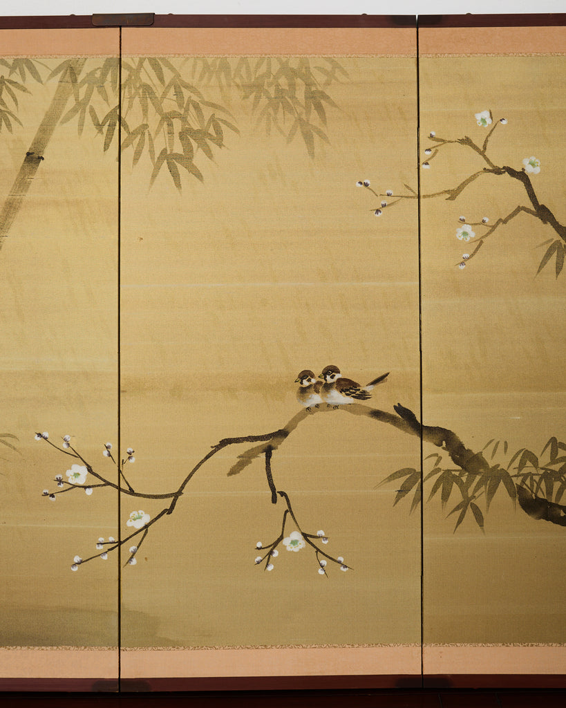 Japanese Showa Four Panel Screen Spring Bamboo Landscape