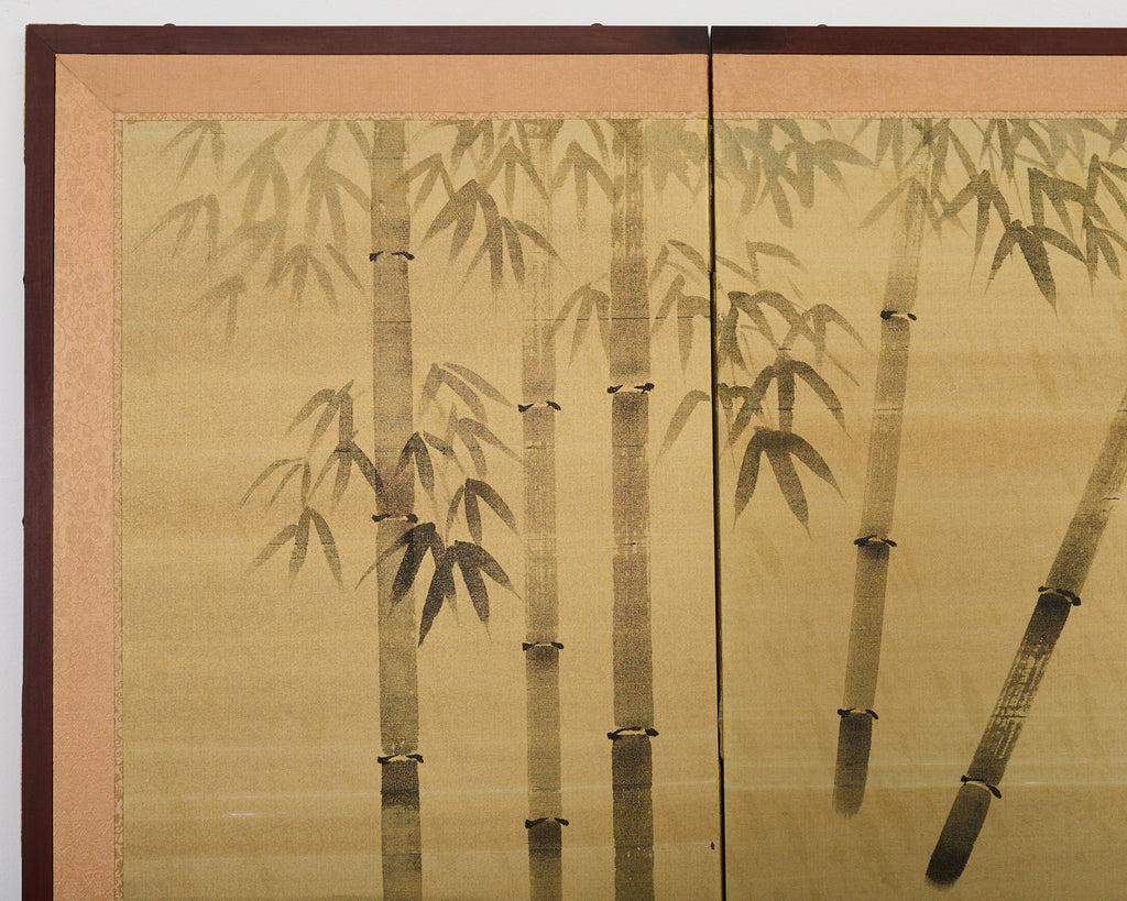 Japanese Showa Four Panel Screen Spring Bamboo Landscape