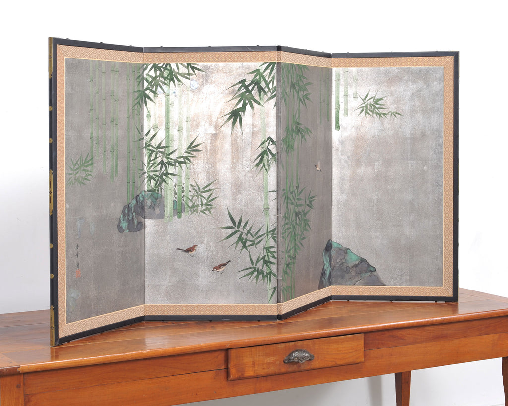 Japanese Showa Four Panel Screen Bamboo in Misty Landscape