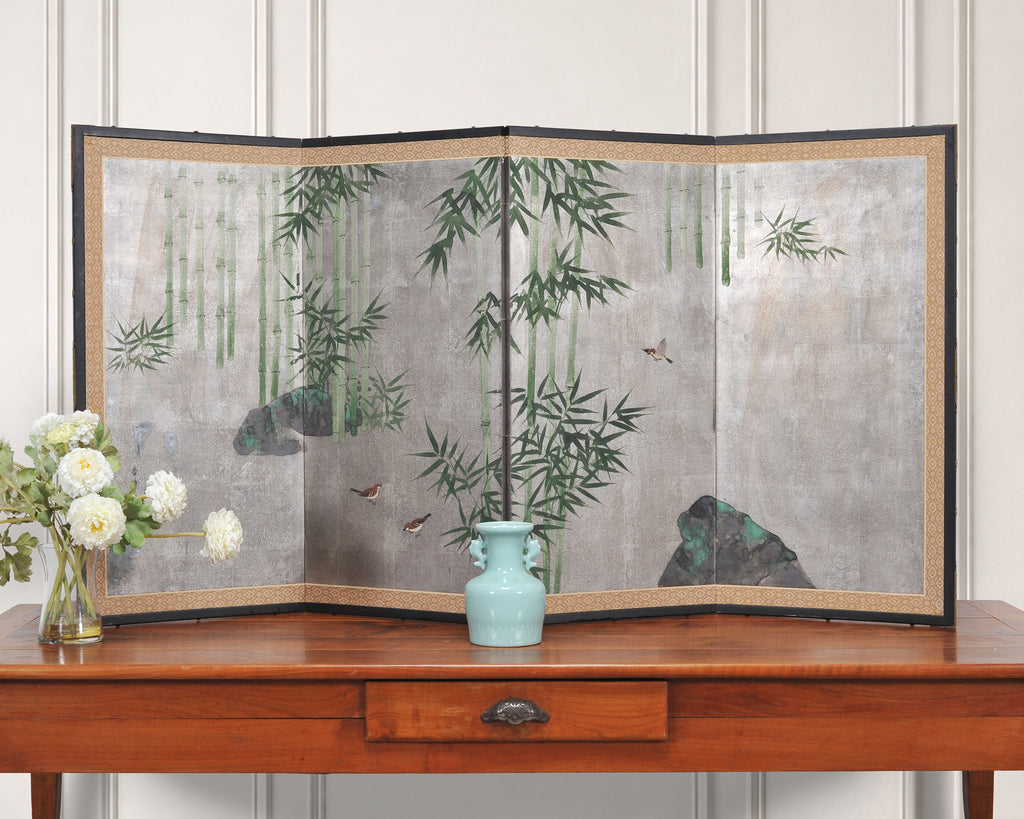 Japanese Showa Four Panel Screen Bamboo in Misty Landscape