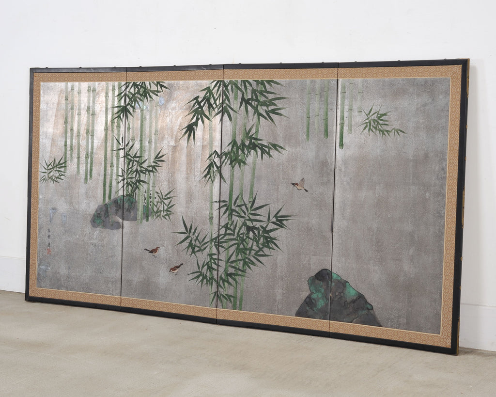 Japanese Showa Four Panel Screen Bamboo in Misty Landscape