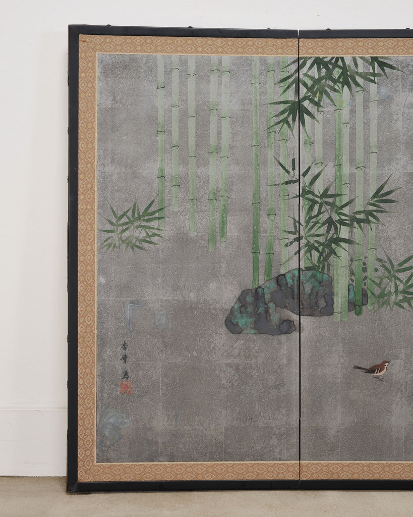 Japanese Showa Four Panel Screen Bamboo in Misty Landscape