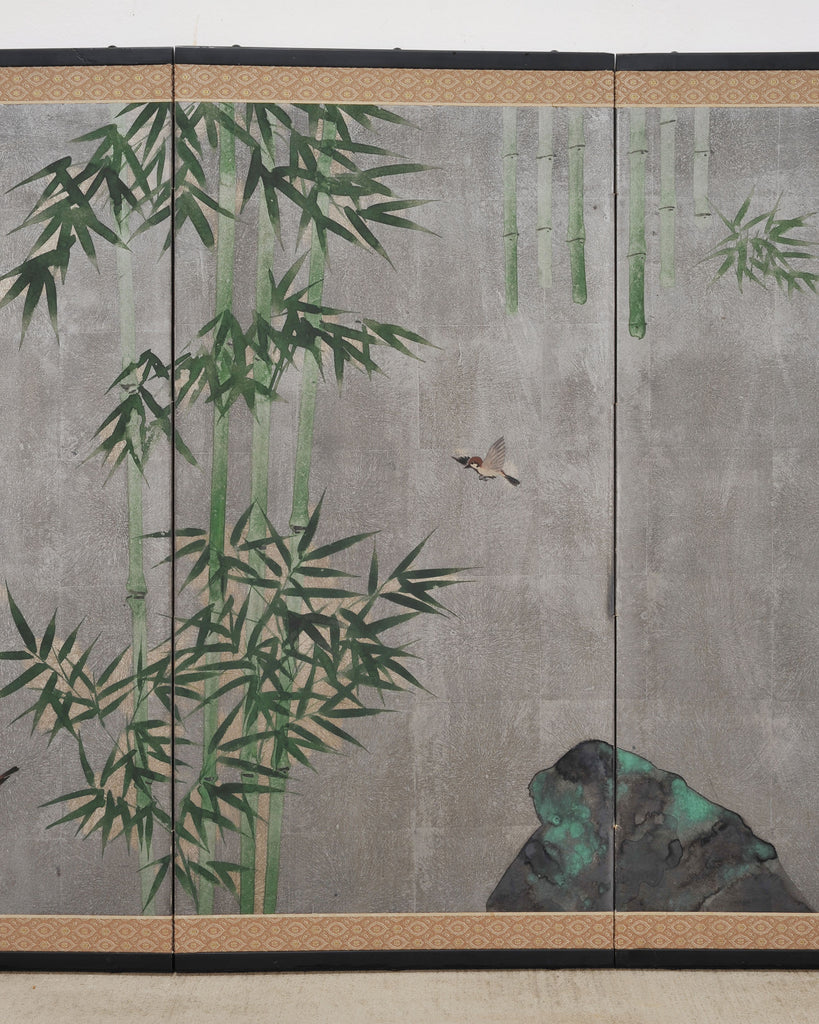 Japanese Showa Four Panel Screen Bamboo in Misty Landscape