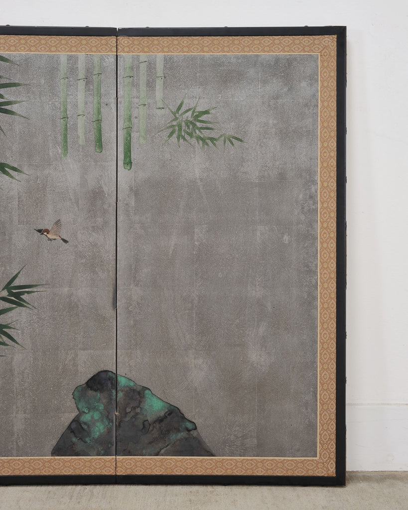 Japanese Showa Four Panel Screen Bamboo in Misty Landscape