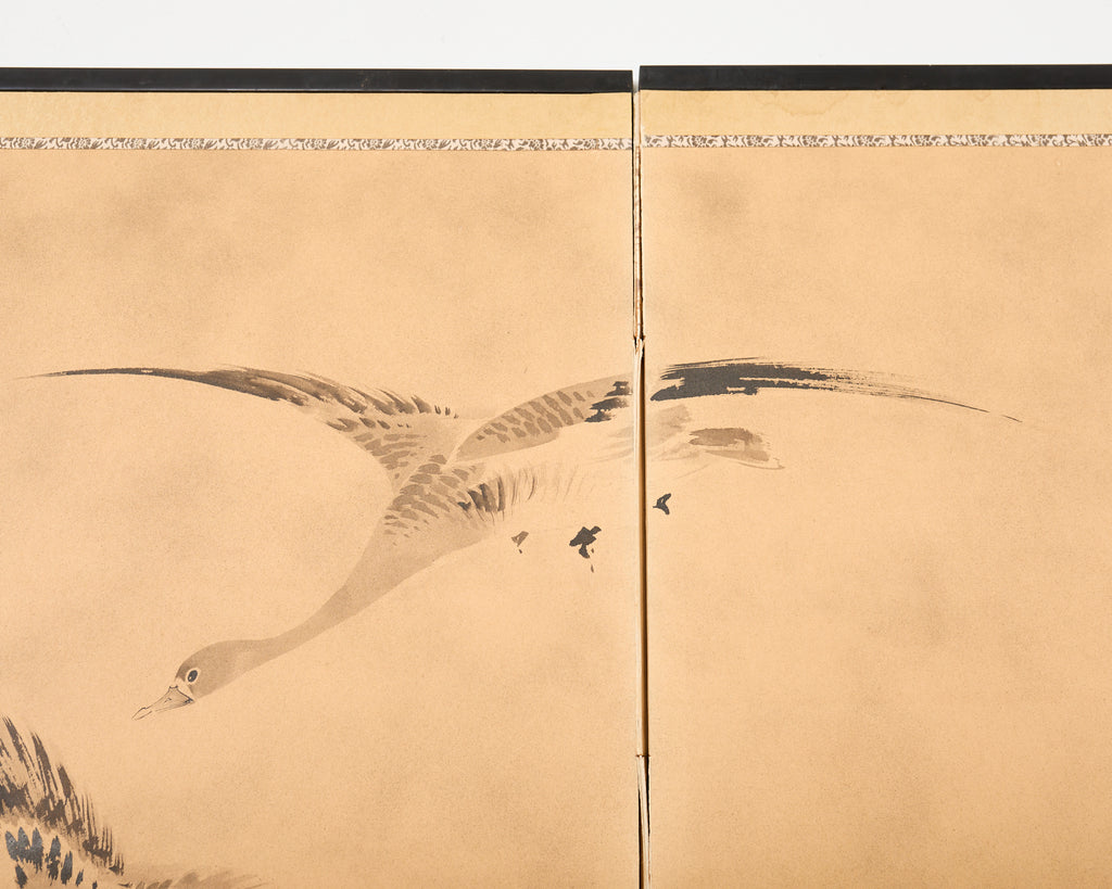 Japanese Meiji Four Panel Screen Wild Geese Over Reeds