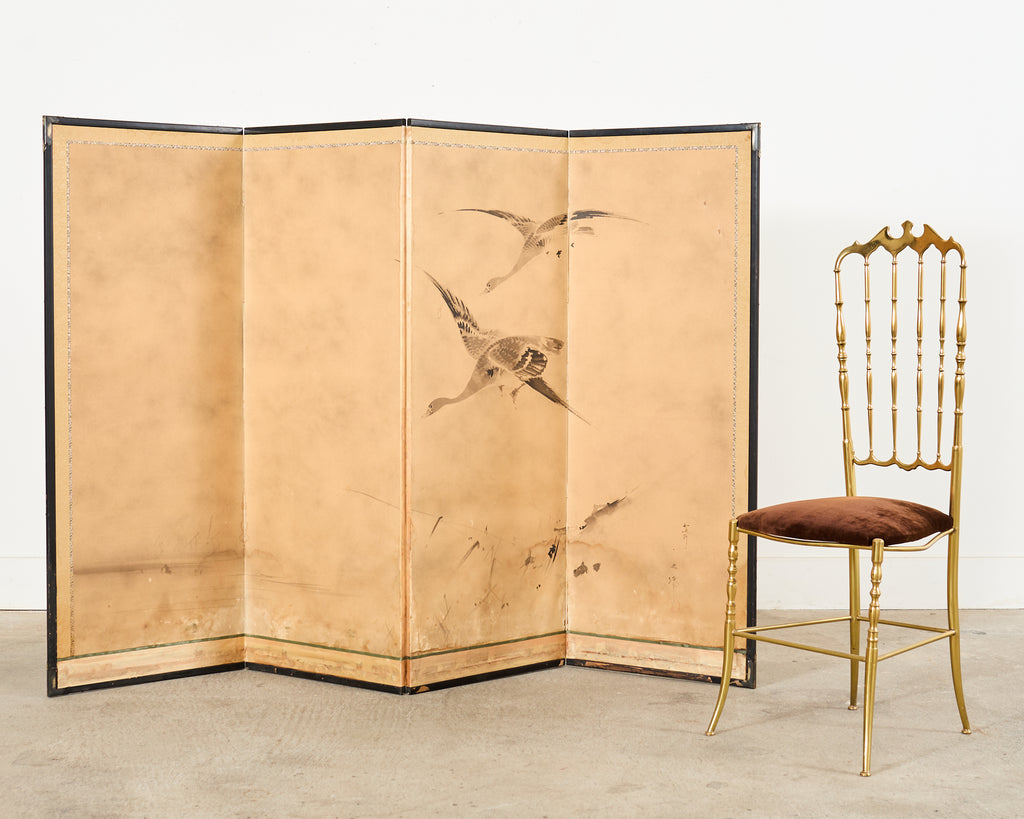 Japanese Meiji Four Panel Screen Wild Geese Over Reeds