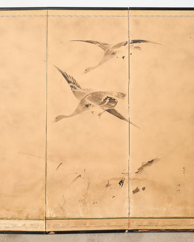 Japanese Meiji Four Panel Screen Wild Geese Over Reeds