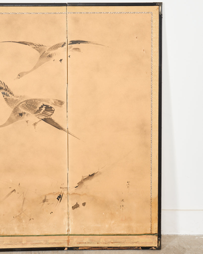 Japanese Meiji Four Panel Screen Wild Geese Over Reeds