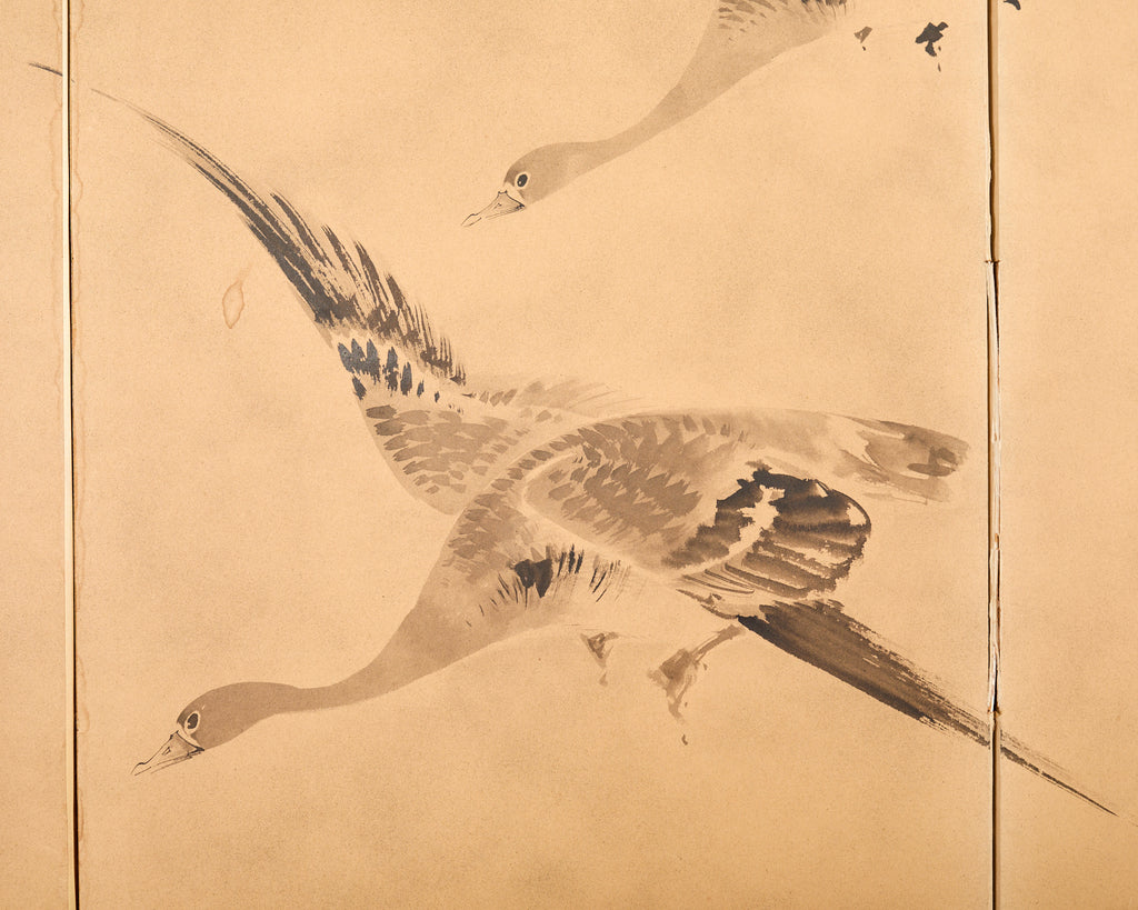 Japanese Meiji Four Panel Screen Wild Geese Over Reeds