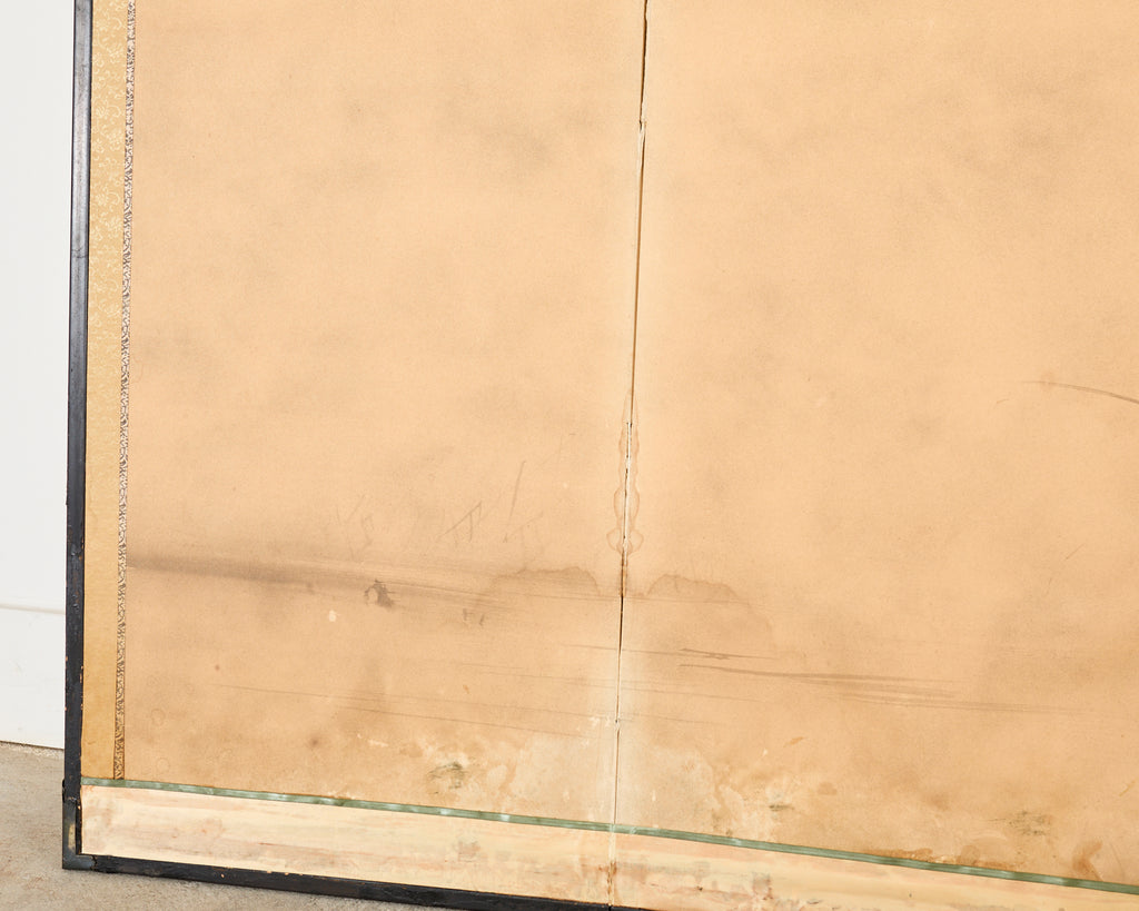 Japanese Meiji Four Panel Screen Wild Geese Over Reeds