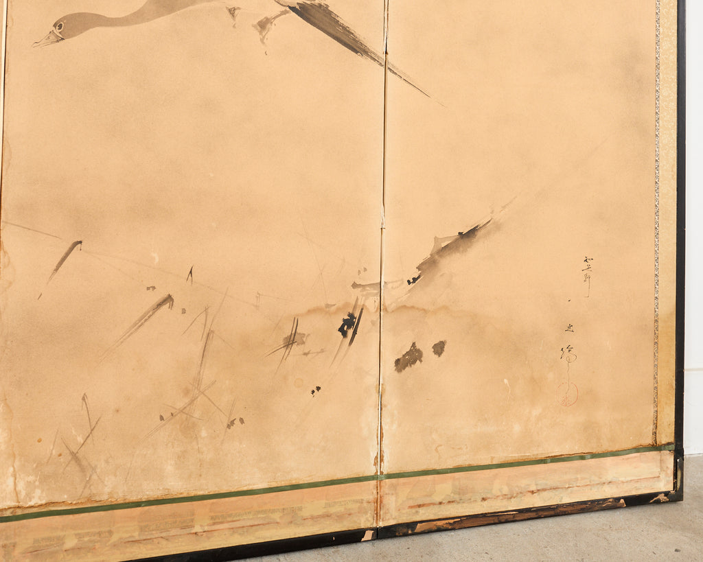 Japanese Meiji Four Panel Screen Wild Geese Over Reeds