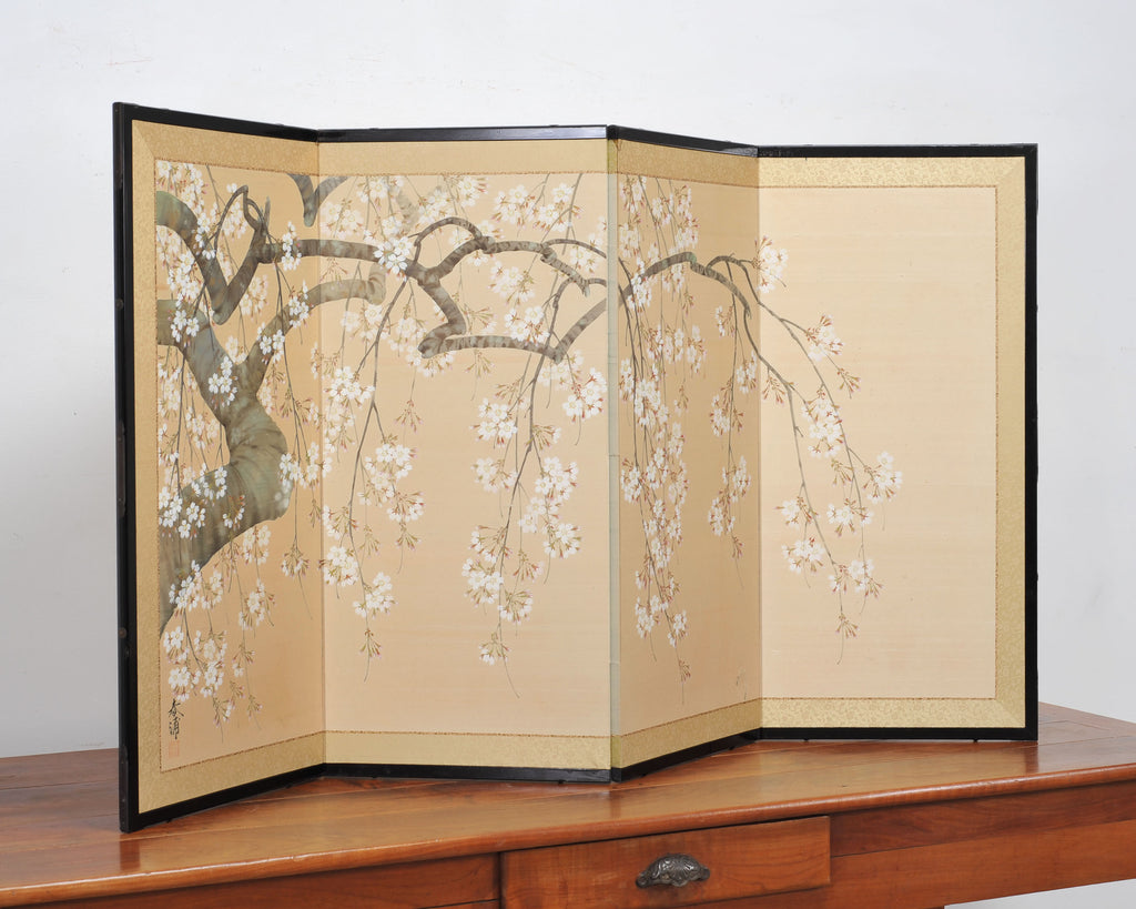 Japanese Showa Four Panel Screen Flowering Cherry Blossom