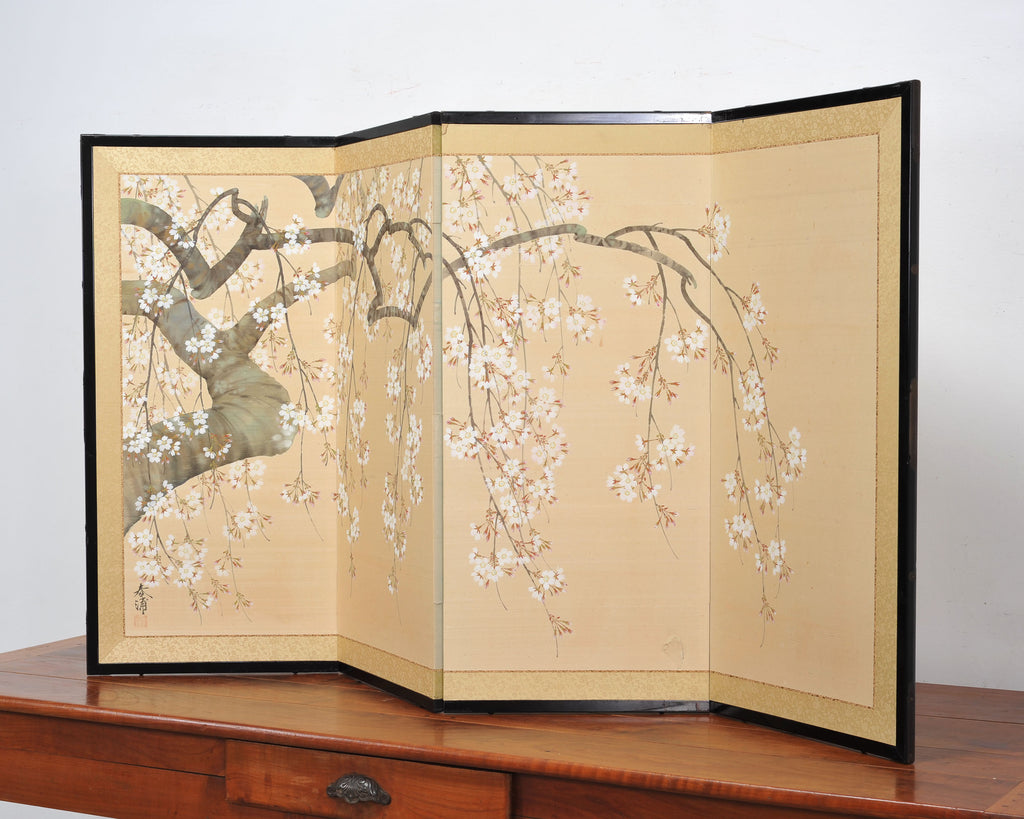 Japanese Showa Four Panel Screen Flowering Cherry Blossom