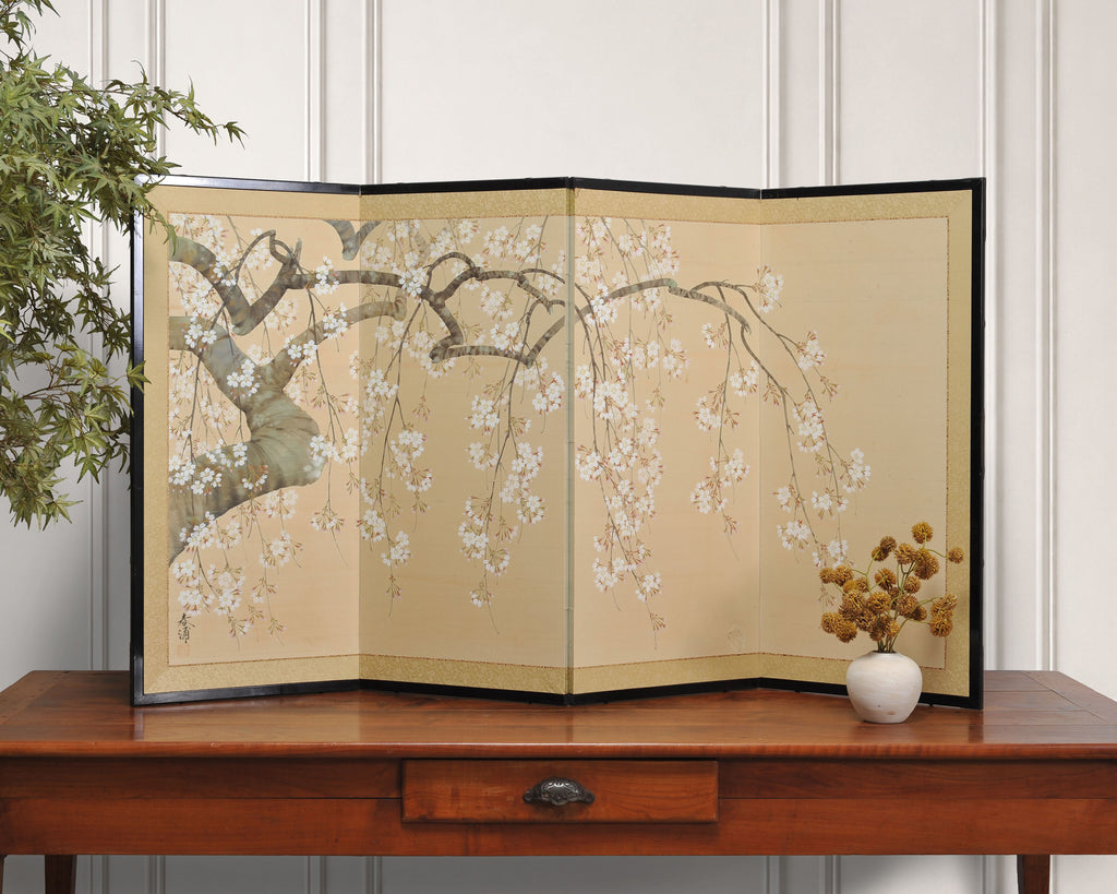 Japanese Showa Four Panel Screen Flowering Cherry Blossom