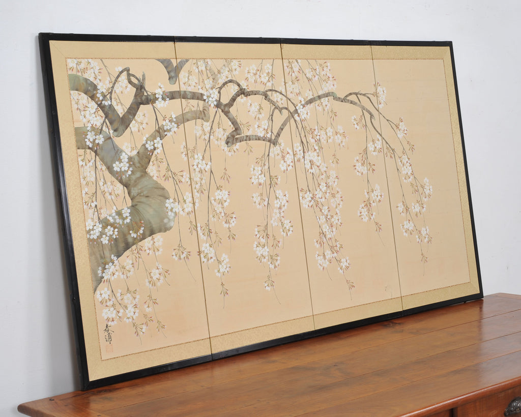 Japanese Showa Four Panel Screen Flowering Cherry Blossom