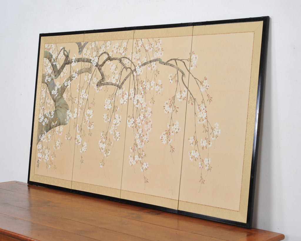Japanese Showa Four Panel Screen Flowering Cherry Blossom