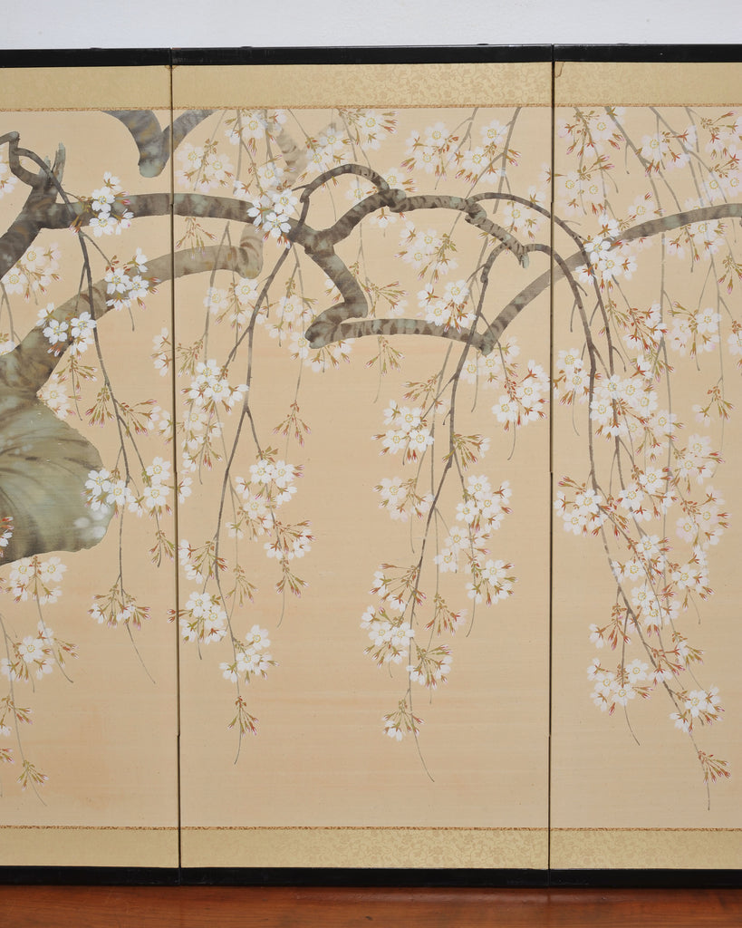 Japanese Showa Four Panel Screen Flowering Cherry Blossom