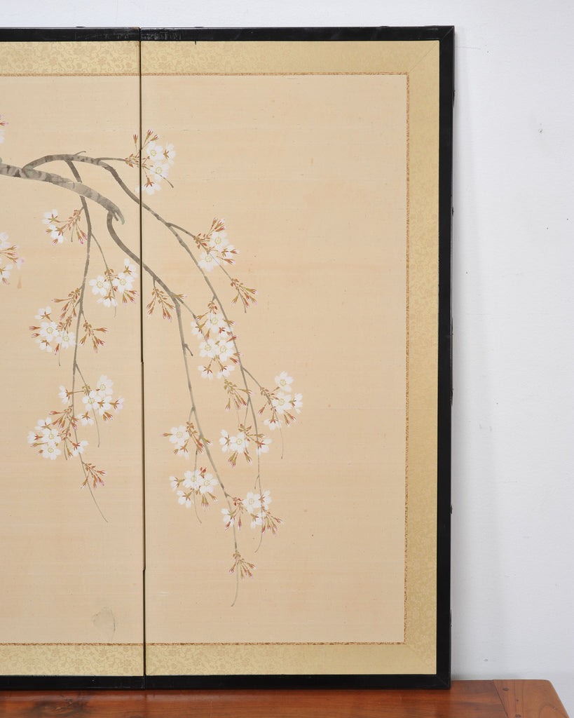 Japanese Showa Four Panel Screen Flowering Cherry Blossom