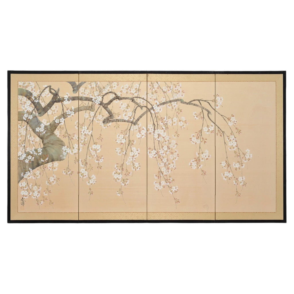 Japanese Showa Four Panel Screen Flowering Cherry Blossom