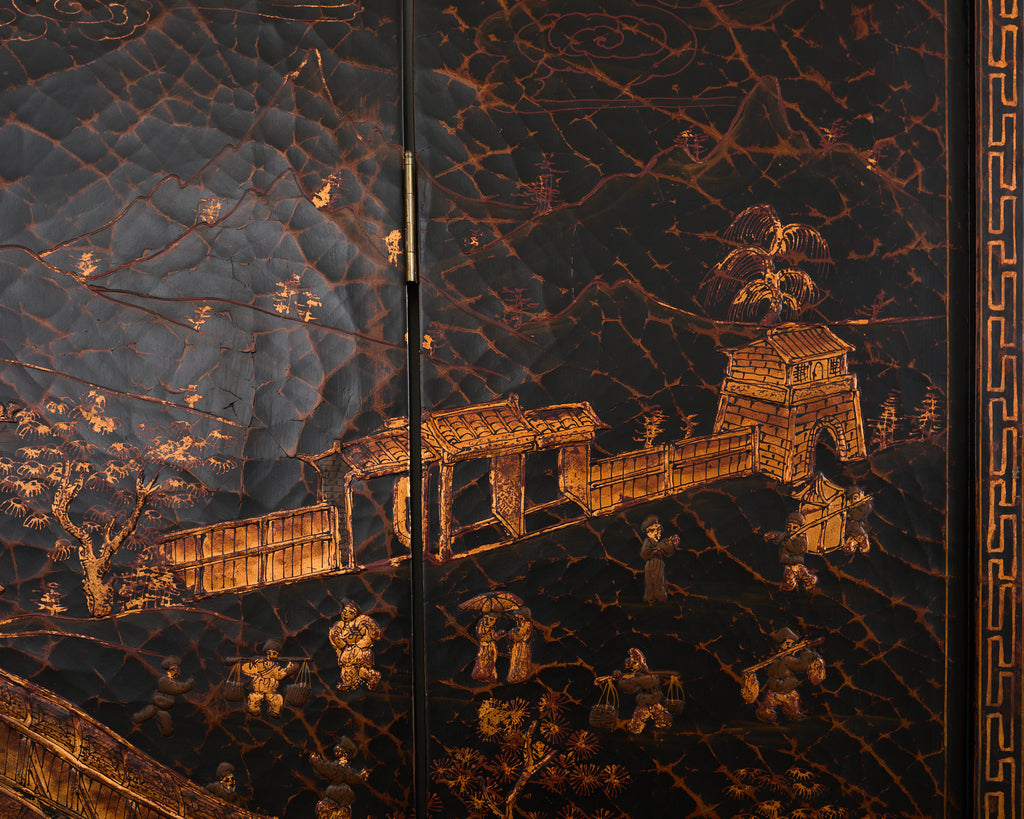 Chinese Export Four Panel Coromandel Style Screen Ancient Bridge