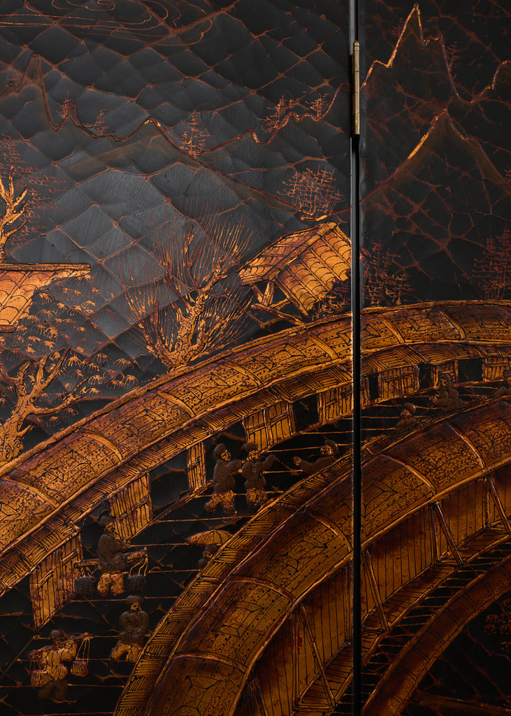 Chinese Export Four Panel Coromandel Style Screen Ancient Bridge