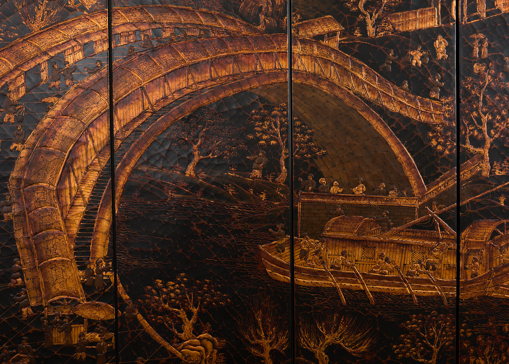 Chinese Export Four Panel Coromandel Style Screen Ancient Bridge
